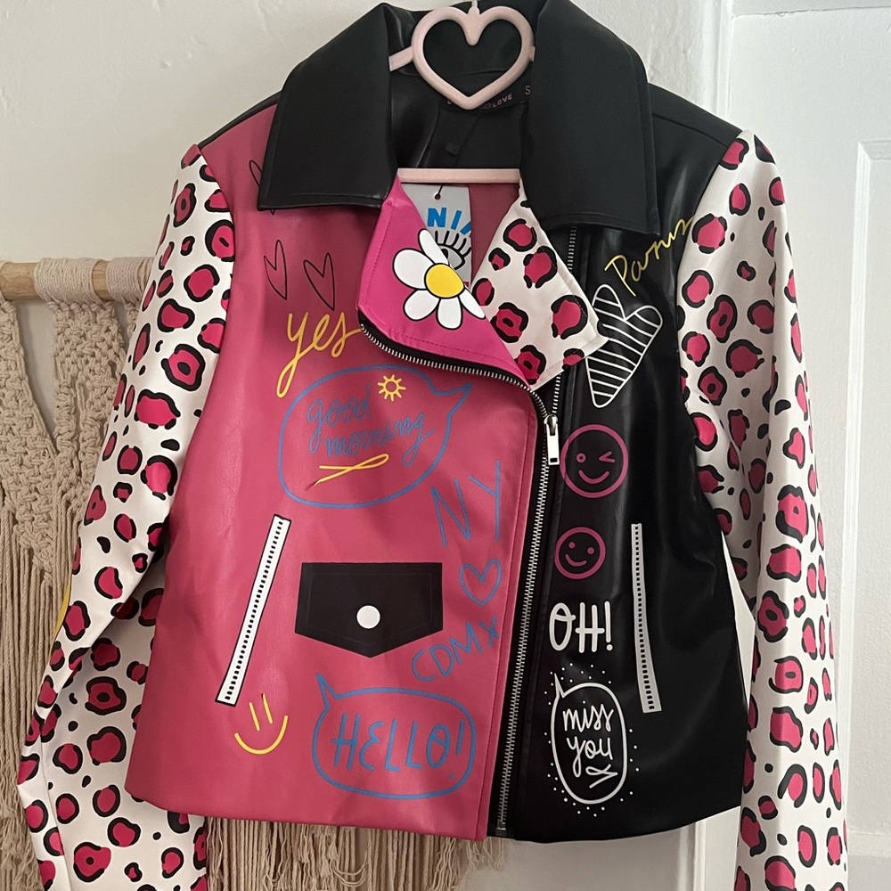 Trendy Colorful Graffiti Letter Gothic Punk Style Faux Leather Jacket size L